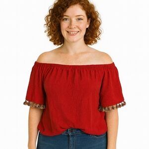 I N Studio Red Peasant Blouse Plus Sz 1X